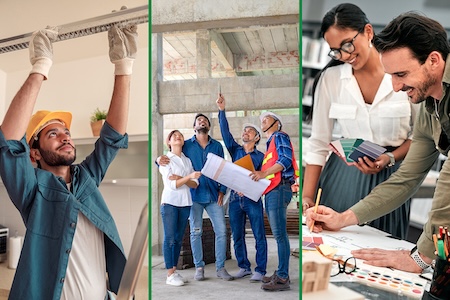 Various steps in the home renovating process: Installation, on-site reviewing, designing.