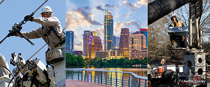 Lineworkers, Austin skyline, and bucket truck